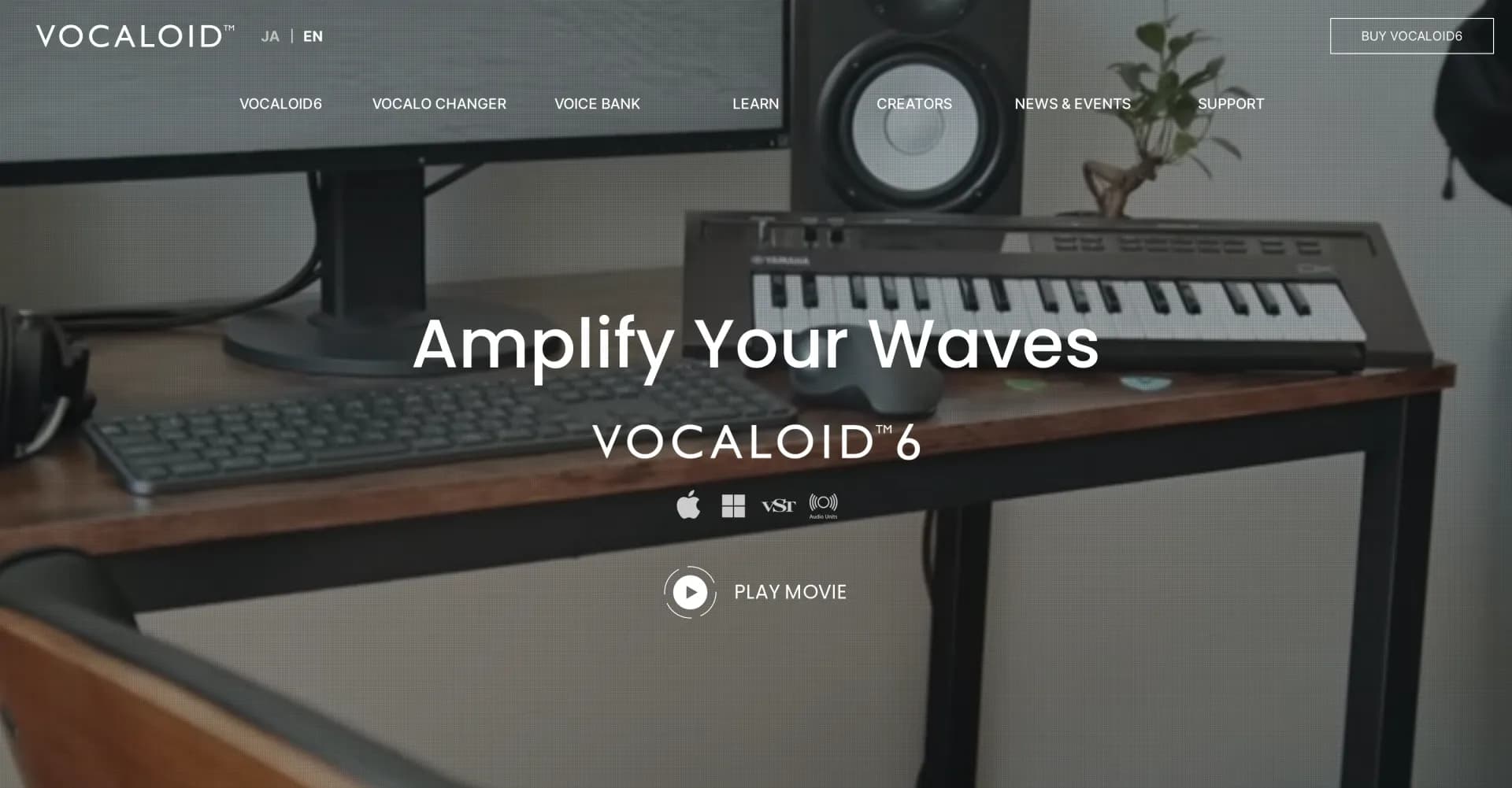 Vocaloid6 homepage screenshot — Create synthetic vocals with cutting-edge singing software.