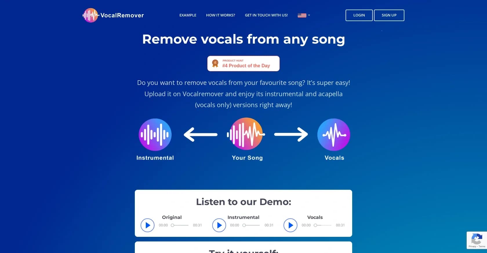 Vocalremover homepage screenshot — Split songs into vocals and instrumentals for free with AI.
