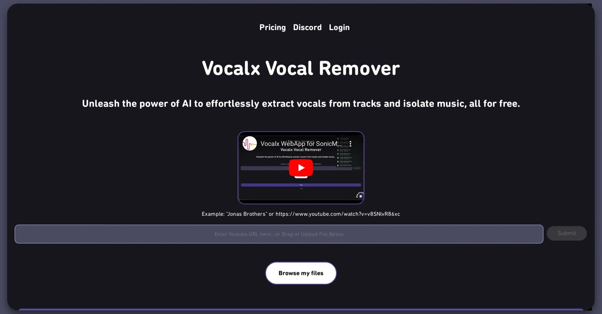Vocalx homepage screenshot — Separate vocals from music tracks.