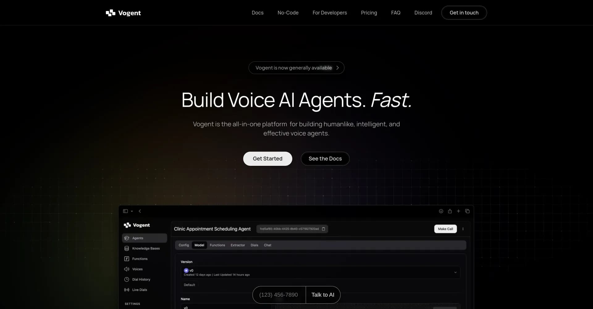 Vogent homepage screenshot — Build humanlike voice AI agents fast.