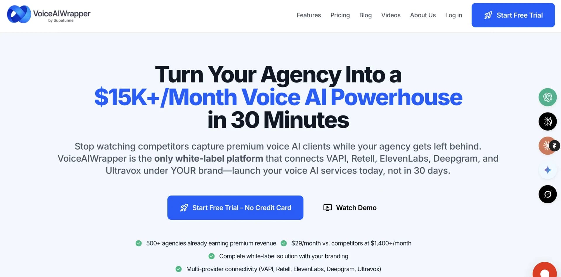VoiceAIWrapper homepage screenshot — Connect any Voice AI under your brand