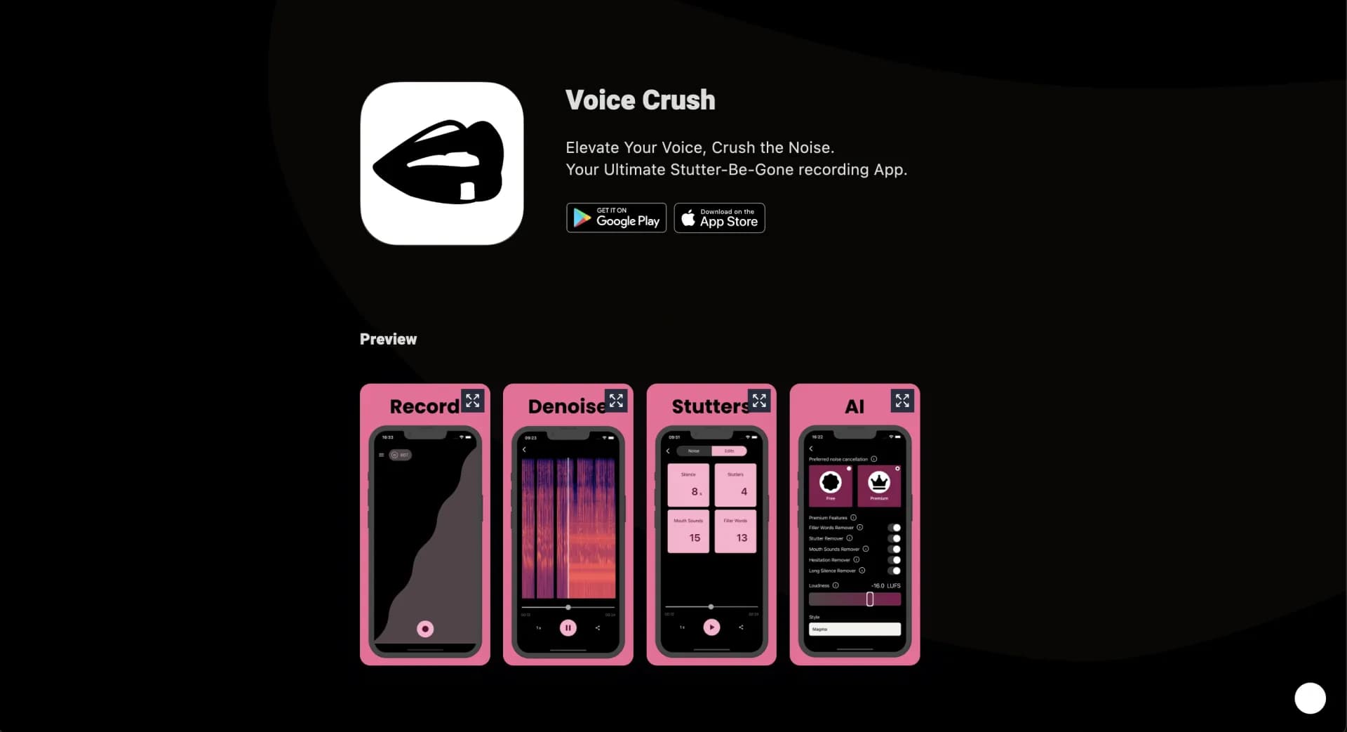 Voice Crush homepage screenshot — Noise-And-Stutter-free voice messages.