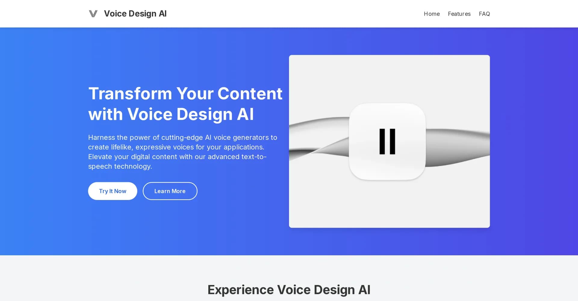 Voice Design AI homepage screenshot — Create lifelike voices with AI voice generation.