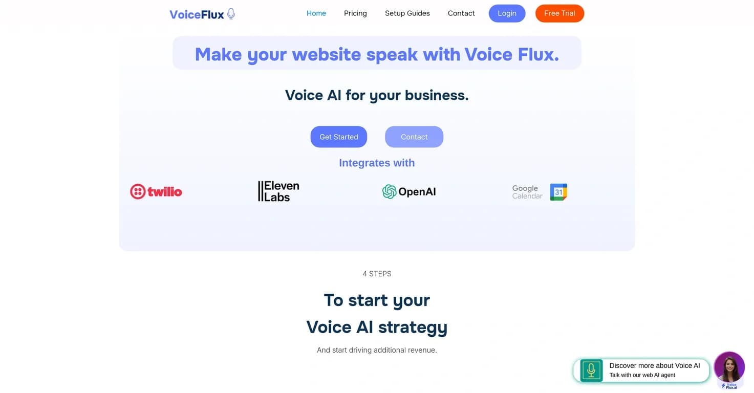 Voice Flux homepage screenshot — Voice AI agents for smarter websites