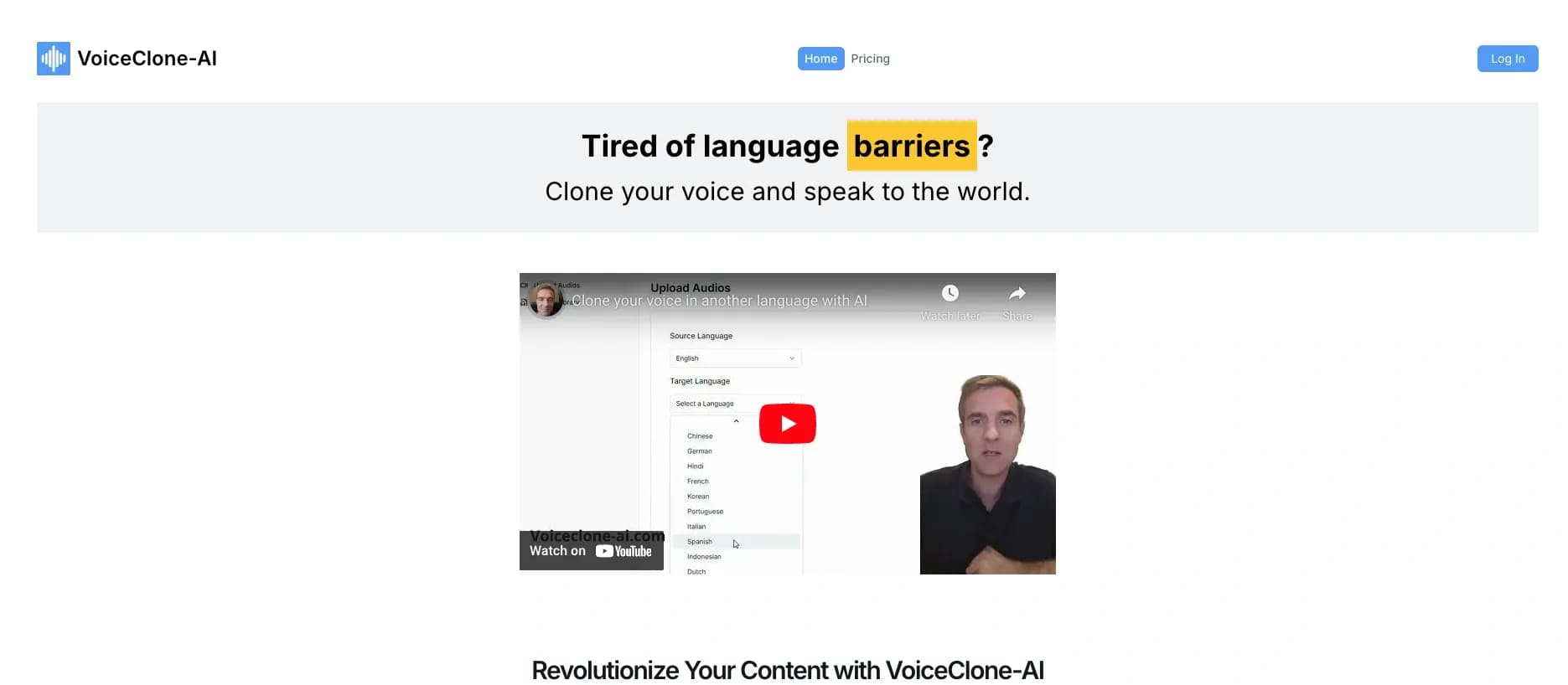 VoiceClone-AI homepage screenshot — Clone voices and dub audios in multiple languages with AI.