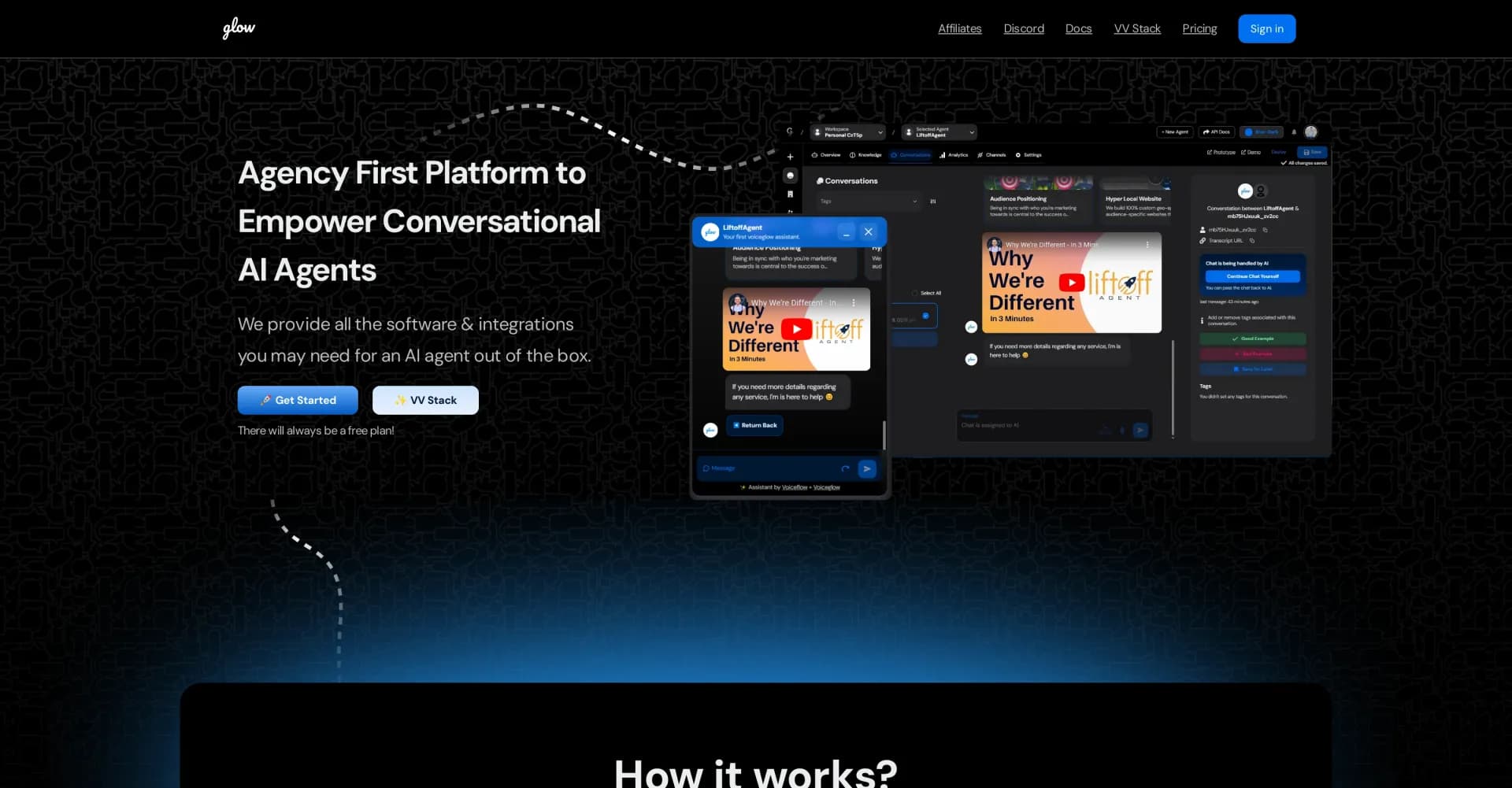 Voiceglow homepage screenshot — Empower AI agents with conversational brilliance.