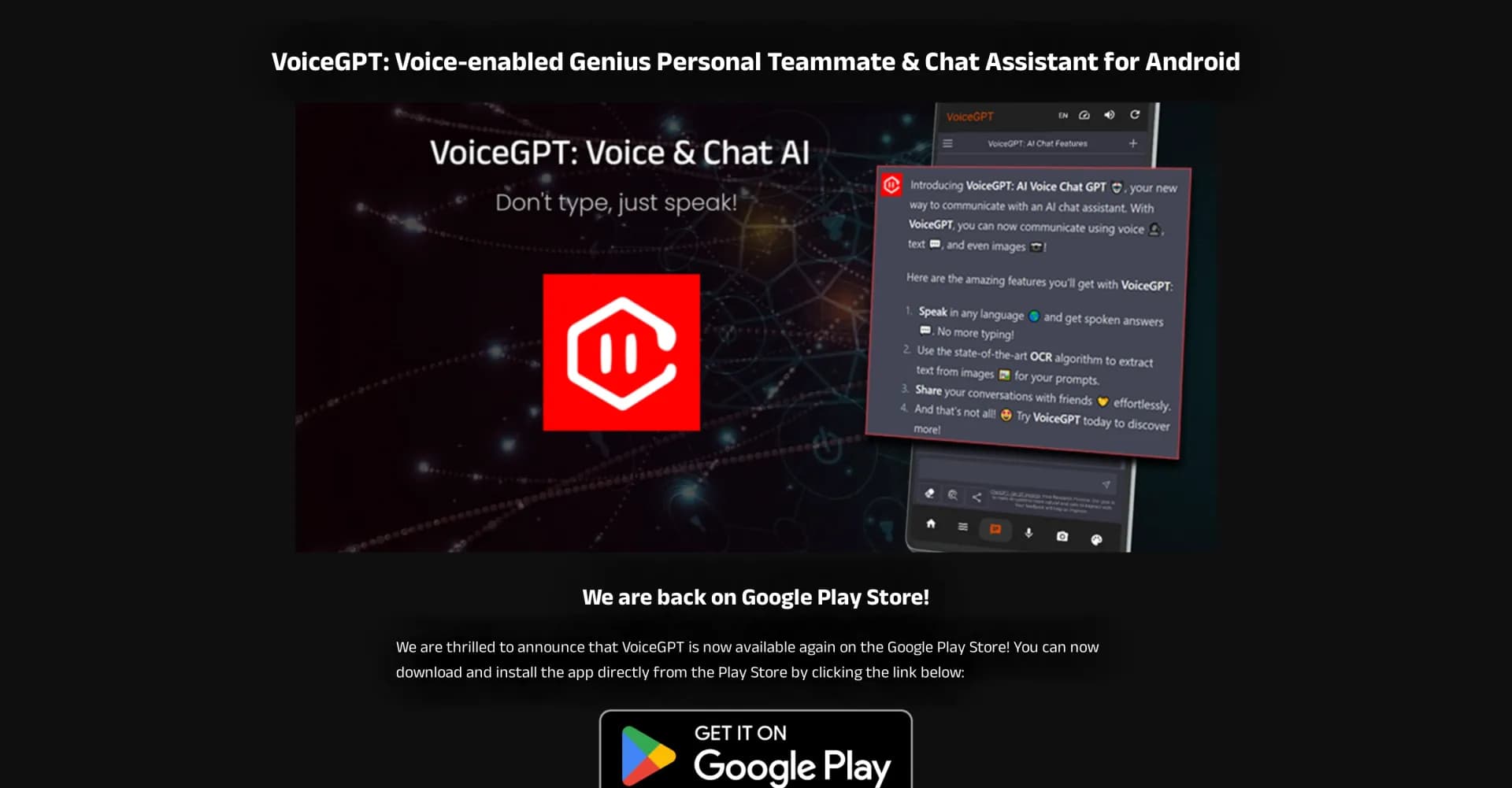 VoiceGPT homepage screenshot — Your voice-activated AI genius for Android