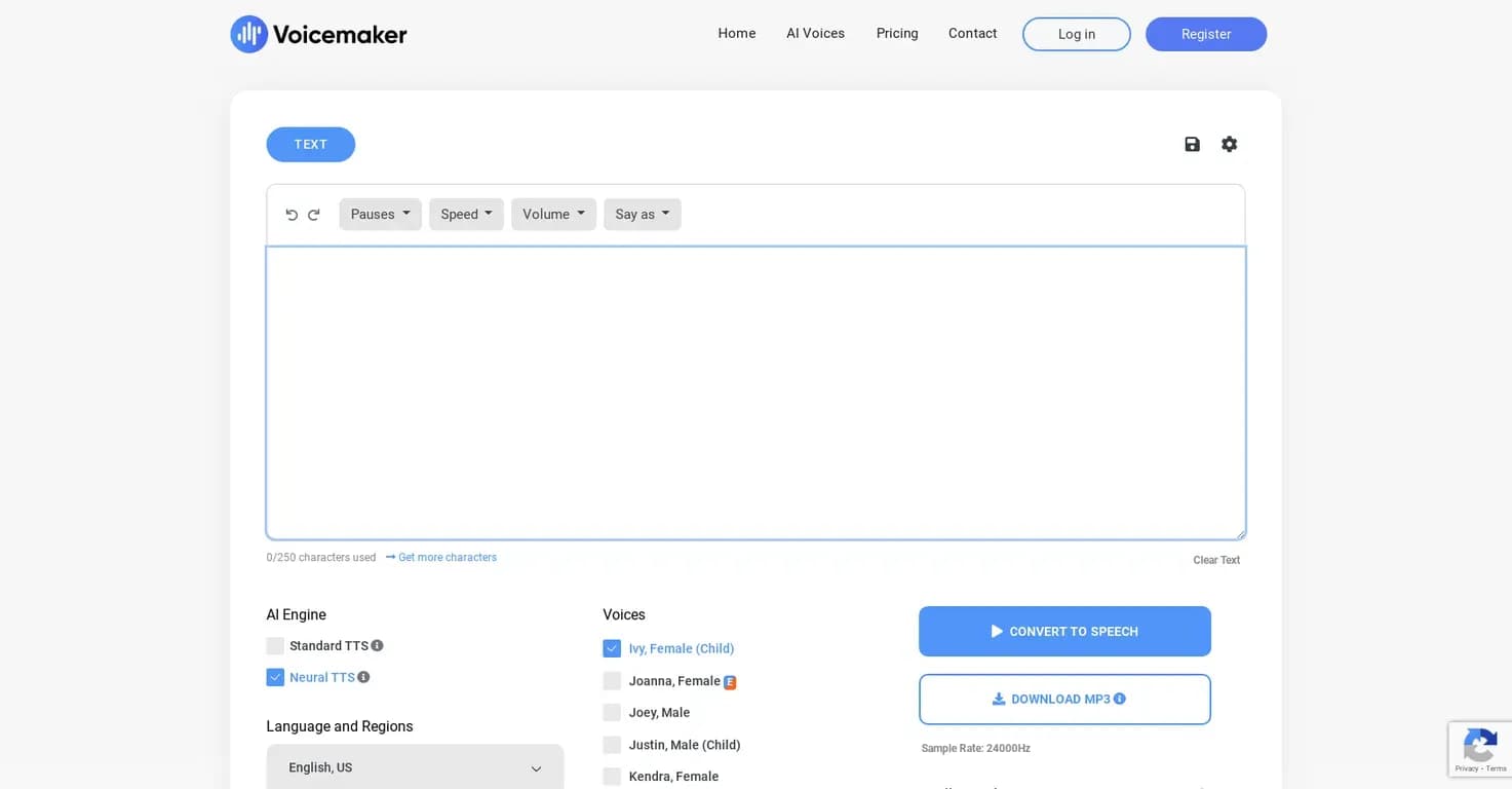 Voicemaker homepage screenshot — Convert text to lifelike speech