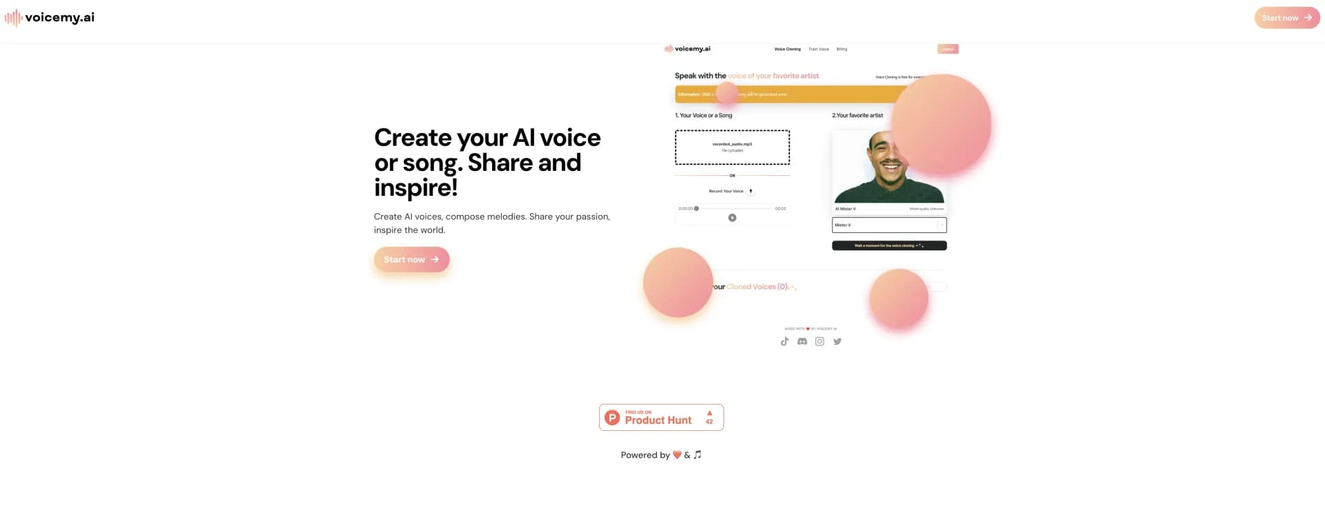 Voicemy homepage screenshot — Create, share, and inspire with AI voices and songs.