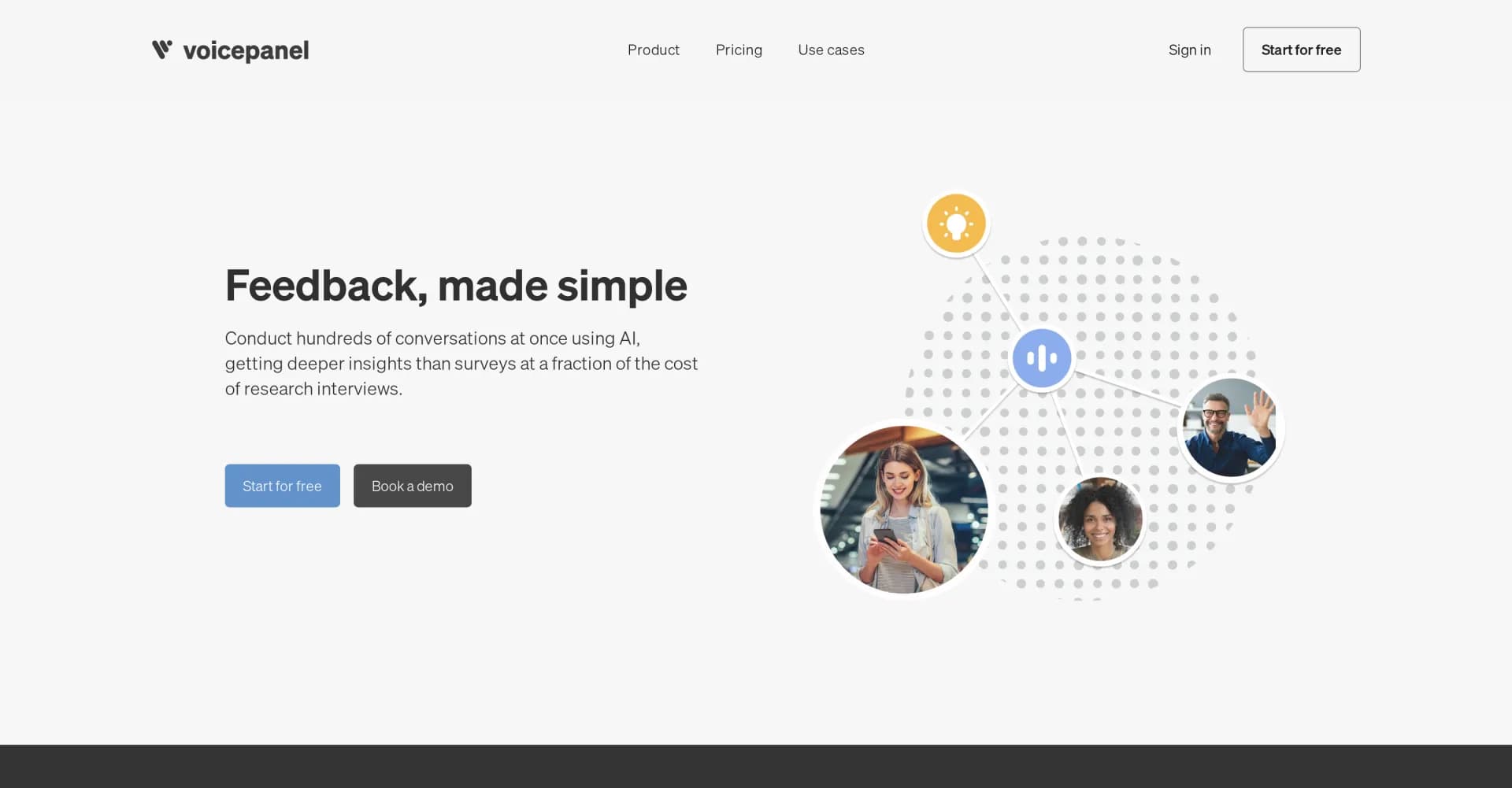 Voicepanel homepage screenshot — AI-powered customer feedback, deeper than surveys, cheaper t
