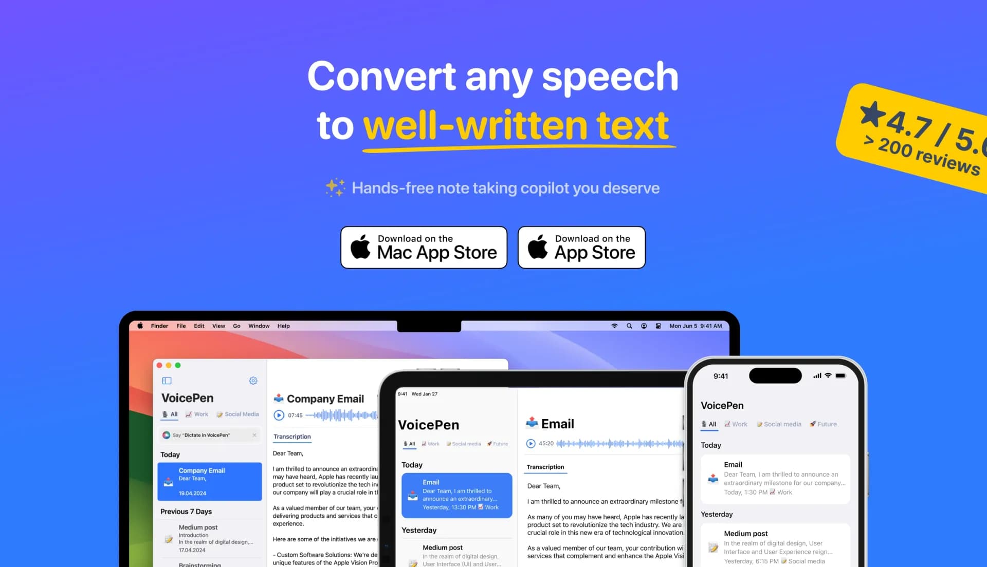 VoicePen App homepage screenshot — Speech to Clear Text for iOS and macOS