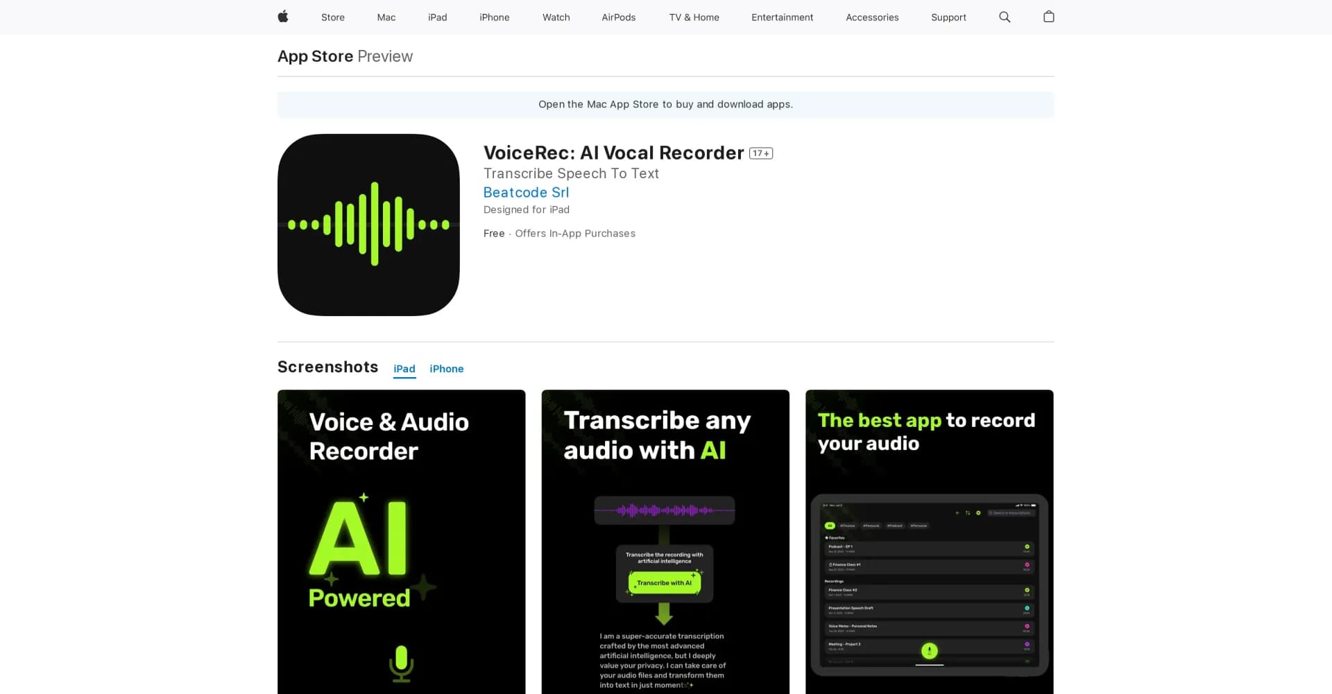 VoiceRec homepage screenshot — AI-powered vocal recording tool.