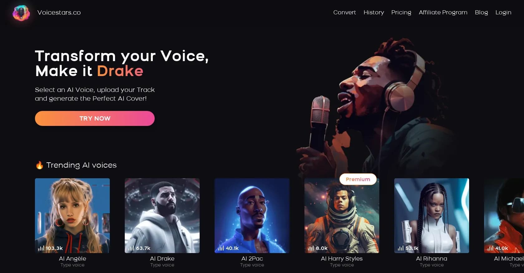 Voicestars homepage screenshot — Turn your voice into AI-generated celebrity covers.