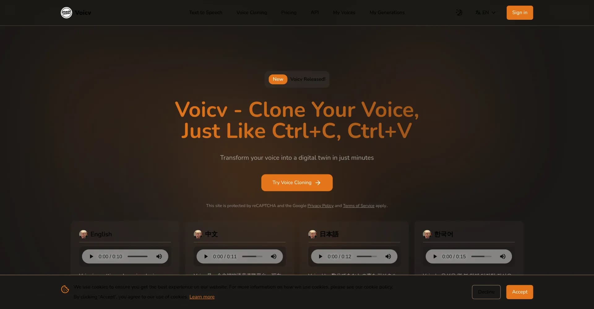 Voicv homepage screenshot — Clone your voice, just like Ctrl+C, Ctrl+V