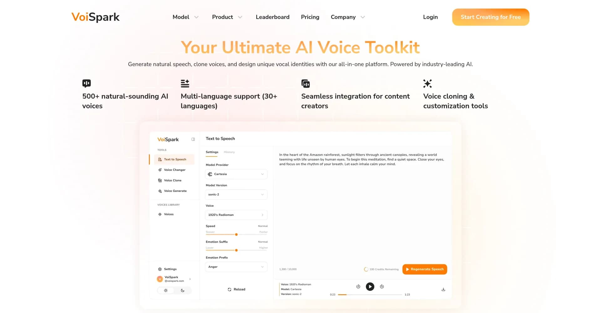 VoiSpark homepage screenshot — Create human-like voices for content with AI
