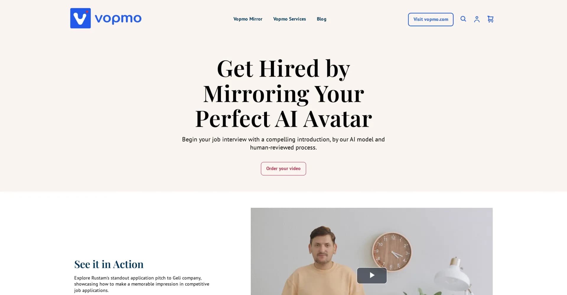 Vopmo AI homepage screenshot — Turn your CV into an AI video pitch for job interviews.