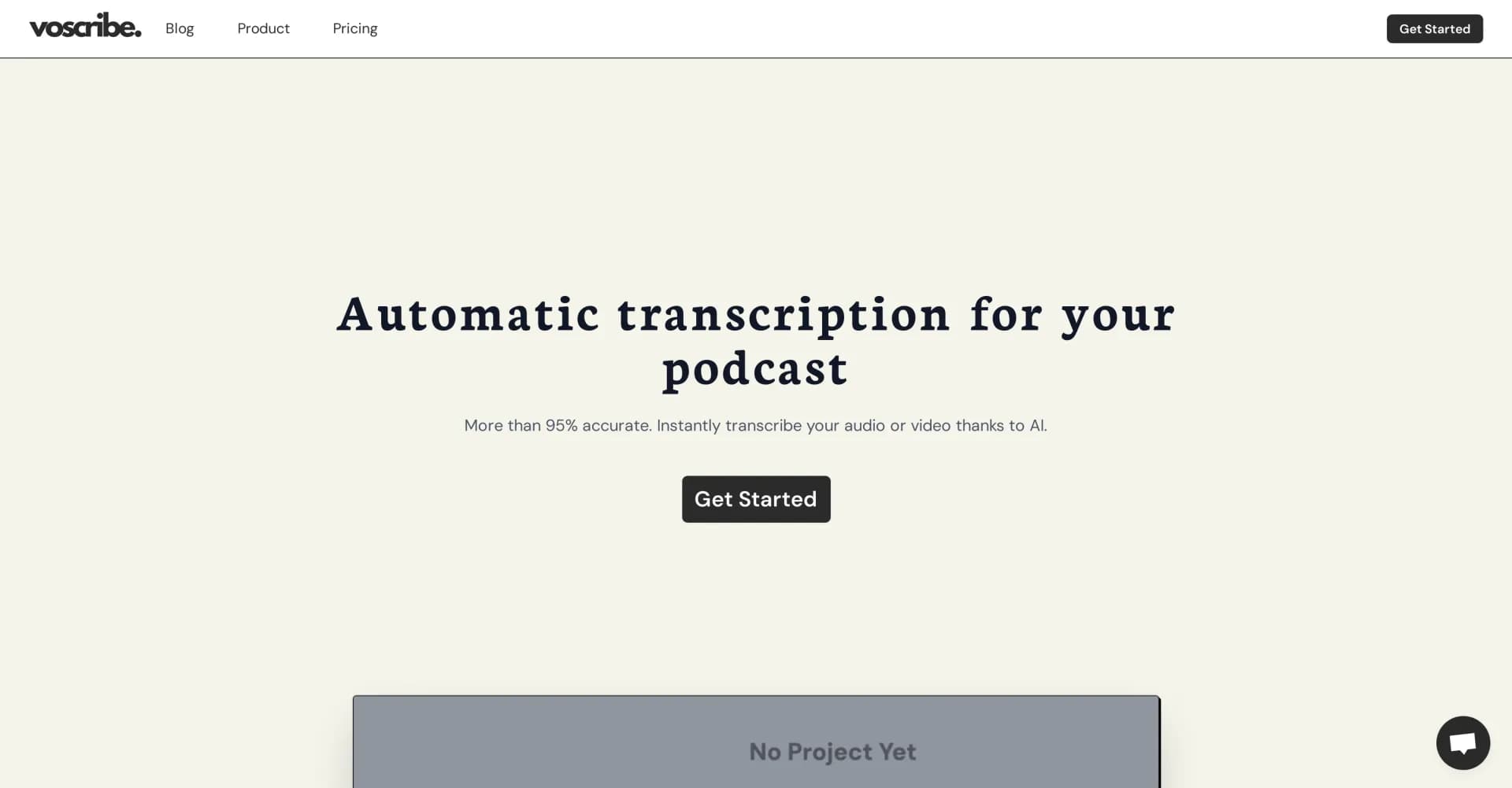 Voscribe homepage screenshot — Instantly transcribe and perfect your podcast episodes.