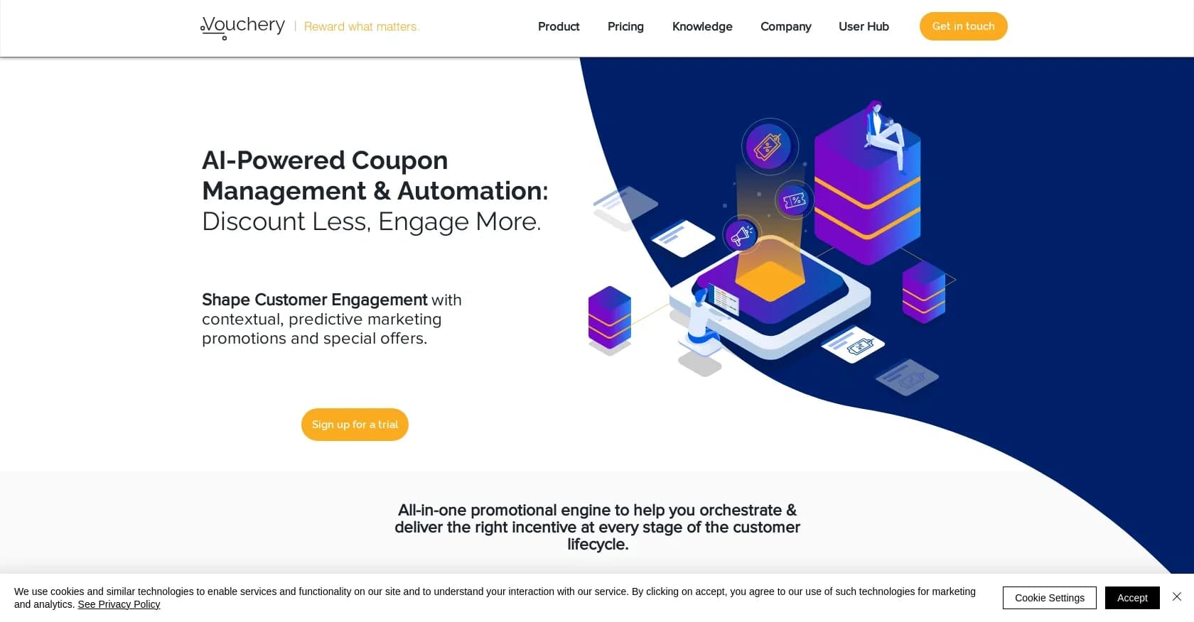Vouchery homepage screenshot — Orchestrate the right incentives at every customer lifecycle