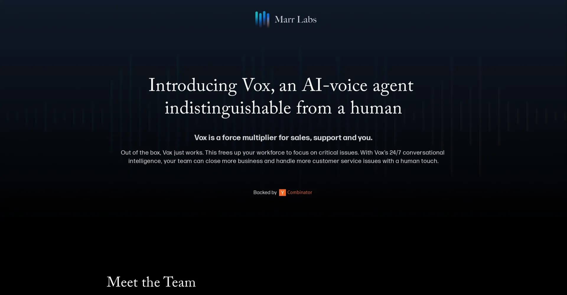 Vox by Marr Labs homepage screenshot — AI-voice agent indistinguishable from humans for 24/7 conver