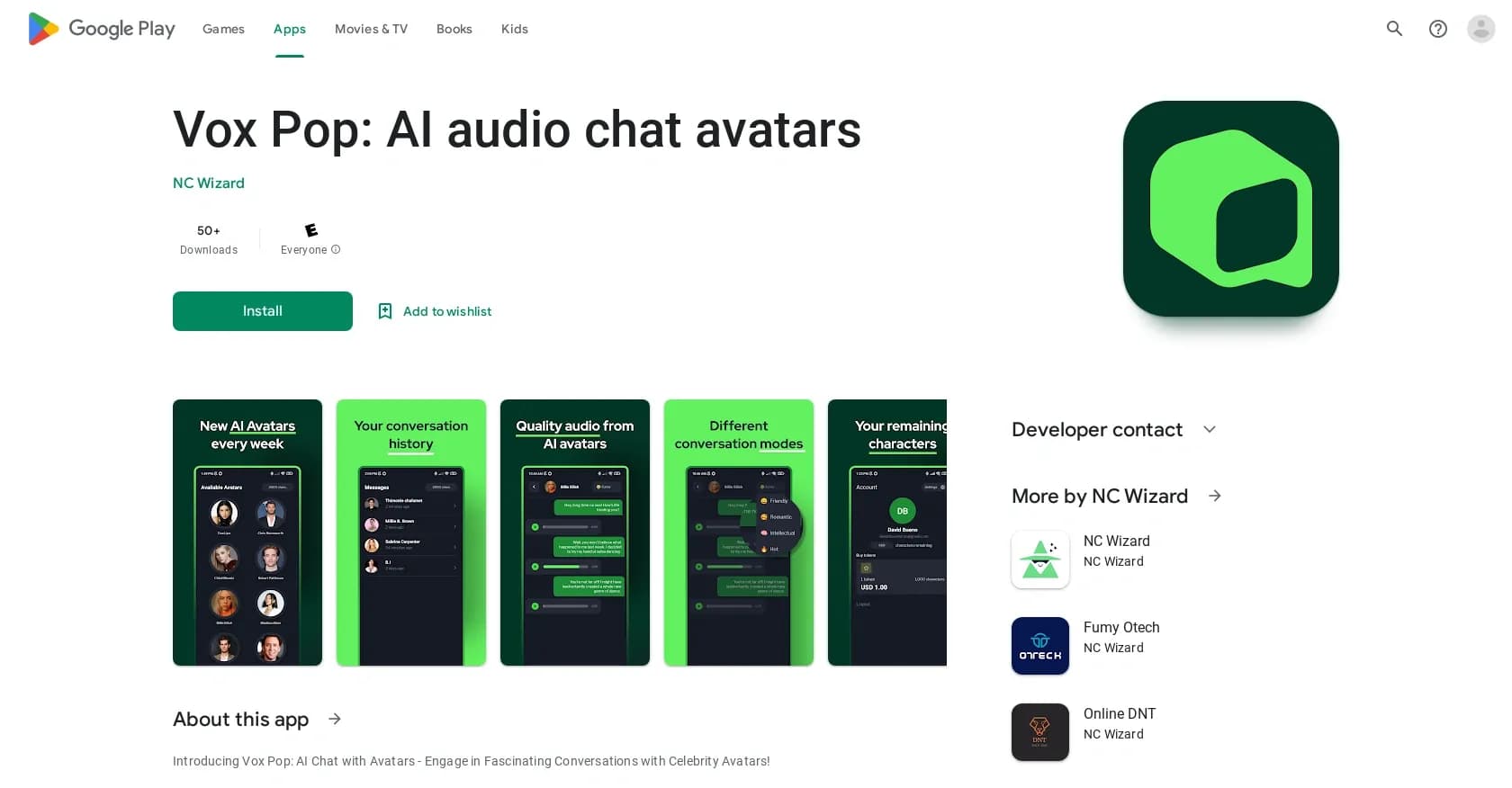 Vox Pop homepage screenshot — Engaging chats with celebrity avatars.