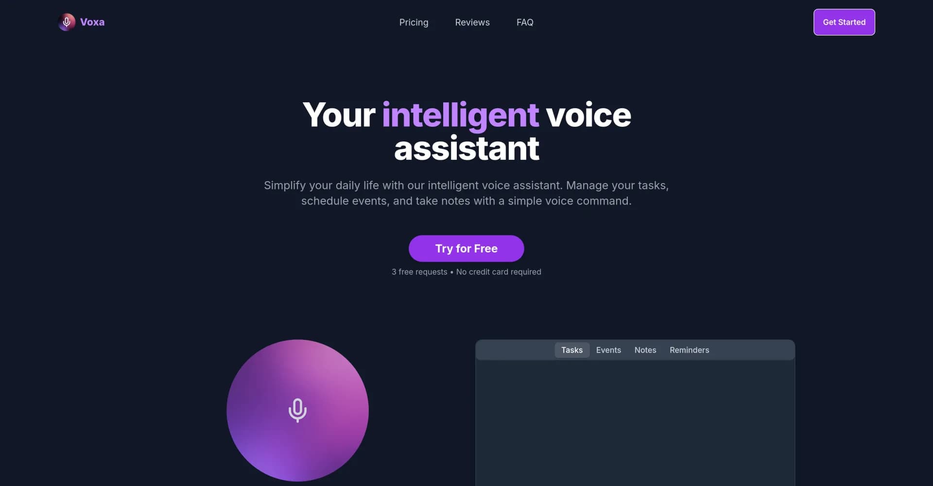 Voxa homepage screenshot — AI voice assistant for seamless task management
