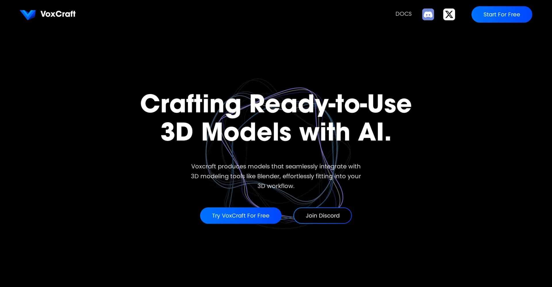 VoxCraft homepage screenshot — Create 3D assets instantly from images or text.