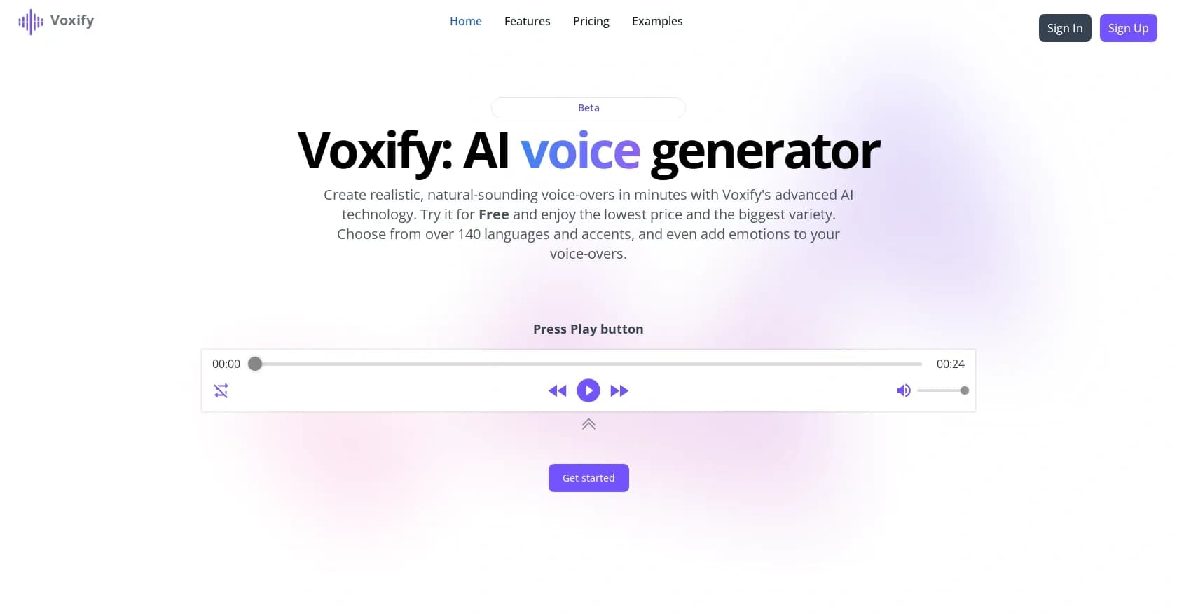 Voxify homepage screenshot — Create realistic voice-overs in minutes with AI.