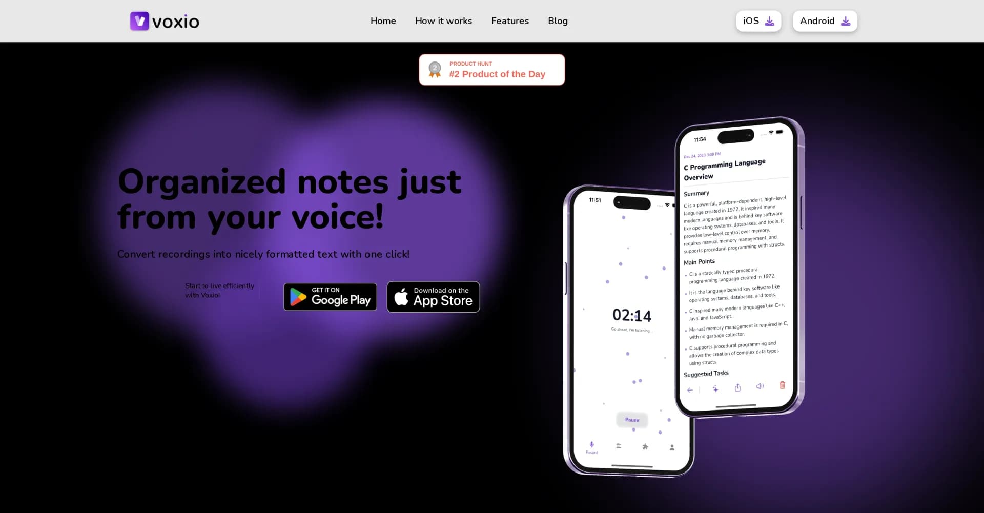 Voxio homepage screenshot — Organized notes just from your voice.
