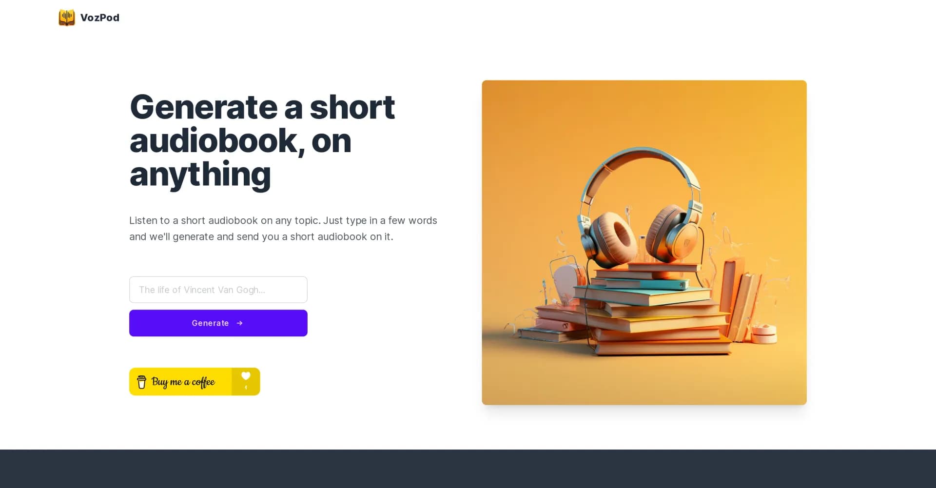 VozPod homepage screenshot — Instant audiobooks on any topic, at your command.