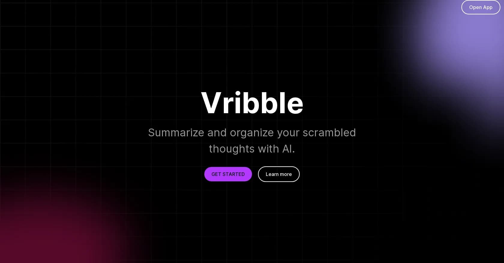 Vribble homepage screenshot — Summarize and organize your thoughts with AI.