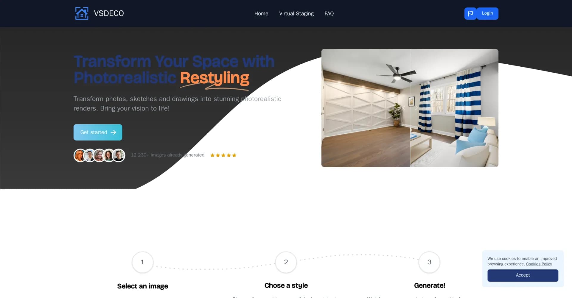VSDECO homepage screenshot — Transform photos into stunning interior designs