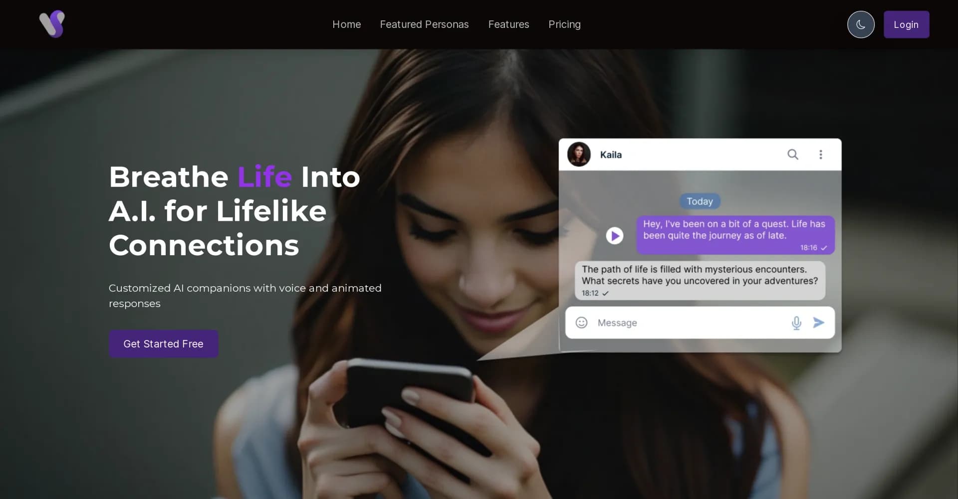 VSona homepage screenshot — Developing AI companions for personalized interactions.