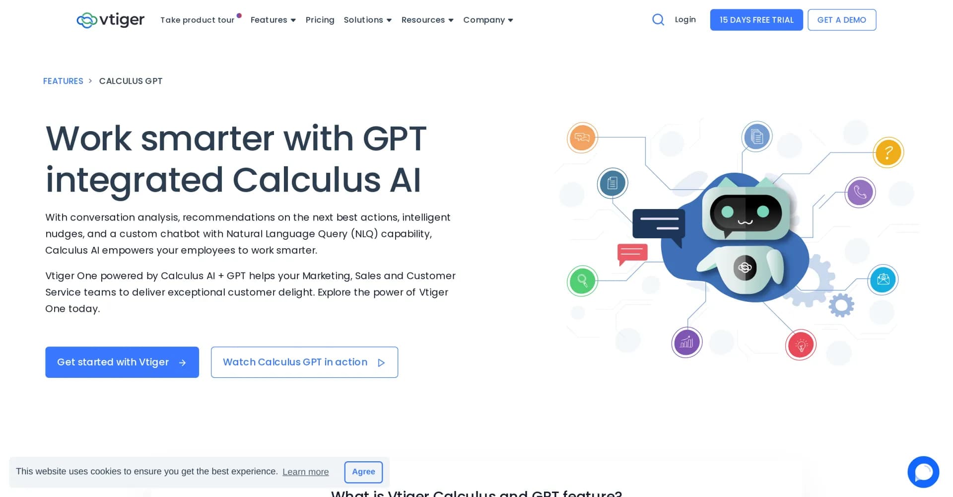 Vtiger Calculus GPT homepage screenshot — AI-powered CRM for seamless sales and support