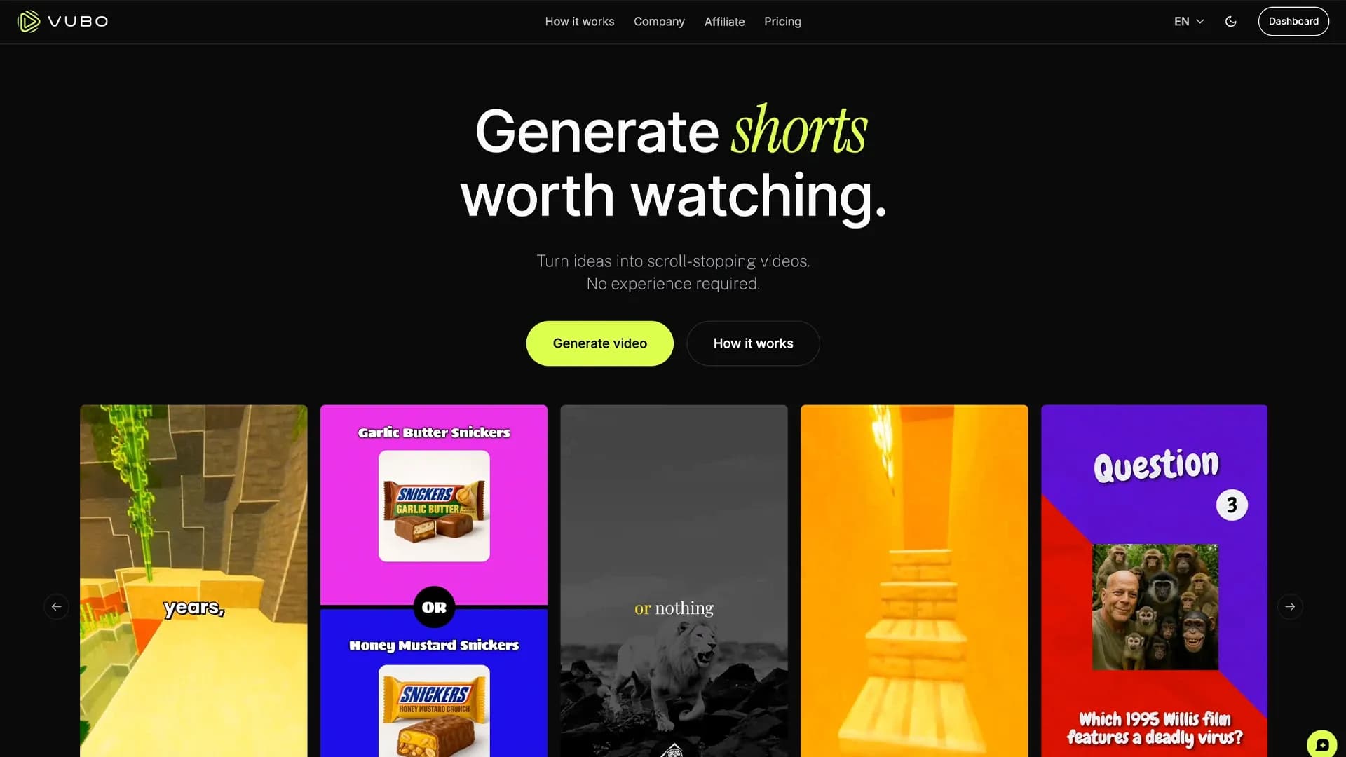 VUBOv1.1.0 homepage screenshot — Generate viral-ready videos in seconds.