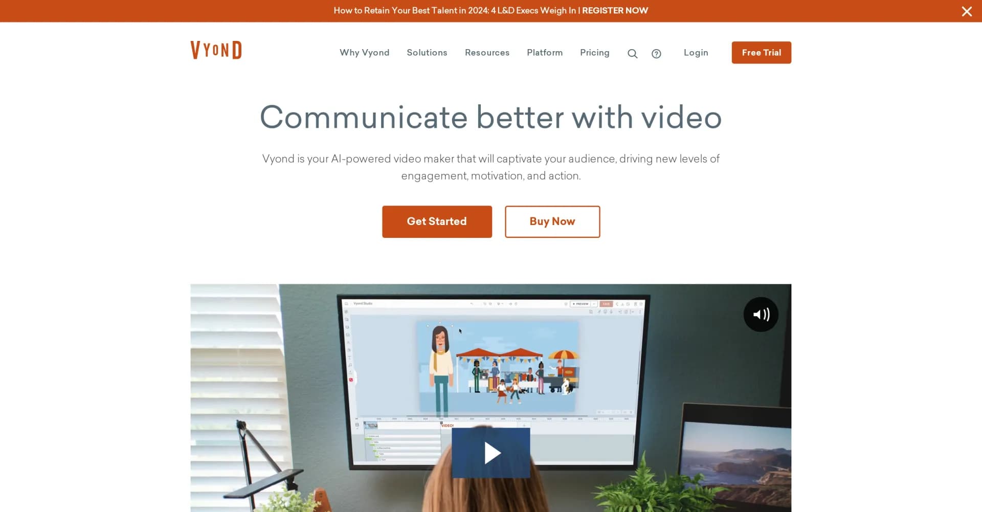 Vyond homepage screenshot — Create engaging business videos with animation software