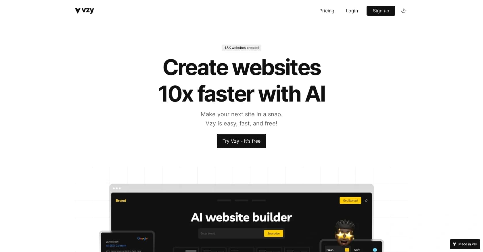 Vzy homepage screenshot — Create websites 10x faster with AI