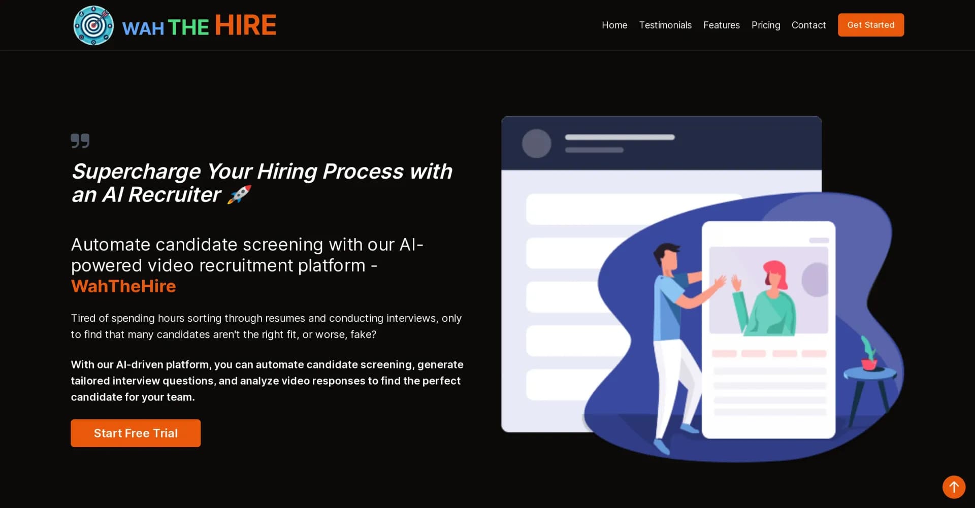 WahTheHire homepage screenshot — AI-powered video recruitment to supercharge your hiring.
