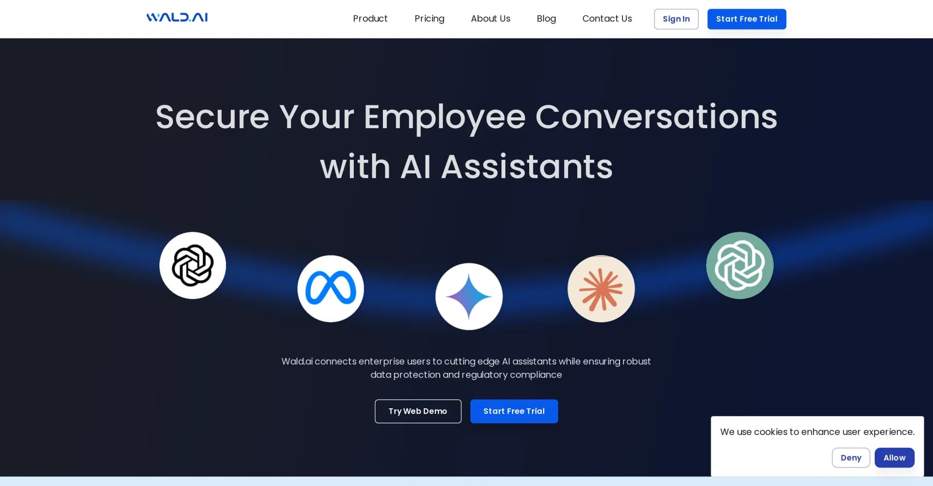 Wald.ai homepage screenshot — Secure AI assistants for enterprise with data protection