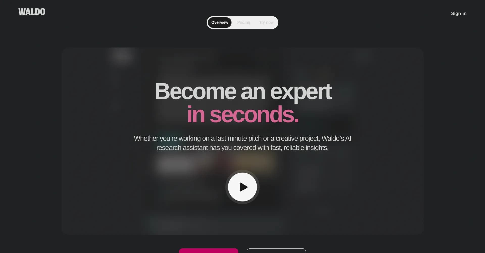 Waldo homepage screenshot — Become an expert in seconds with AI research