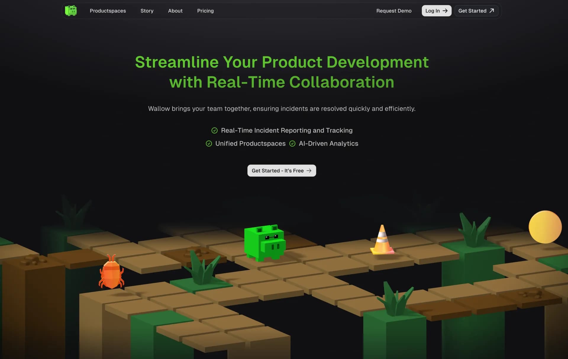 Wallow homepage screenshot — Streamline product development with real-time collaboration.