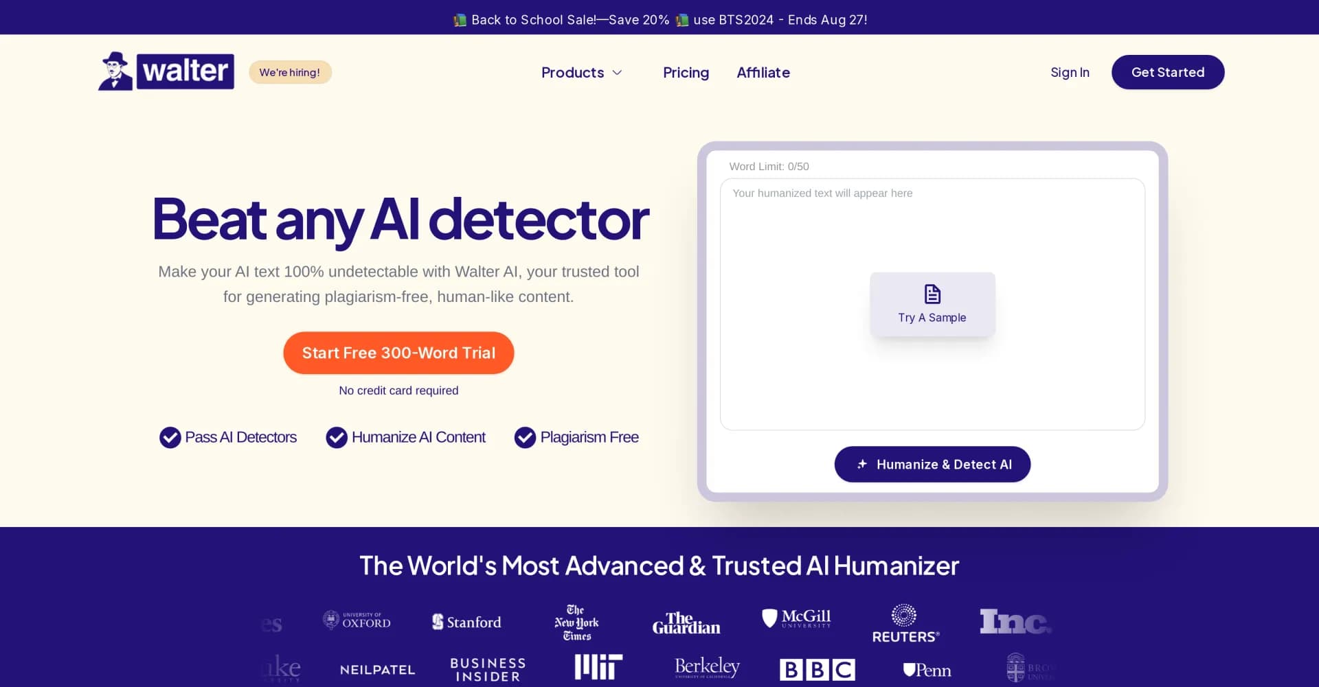 Walter AI homepage screenshot — Humanize AI text and bypass detectors.