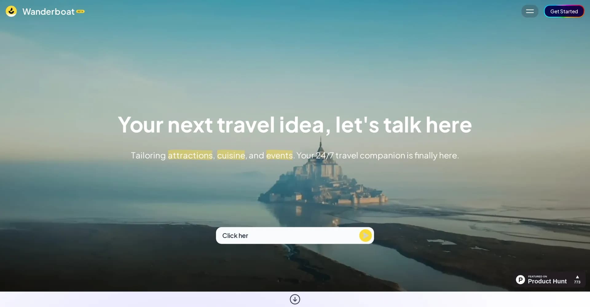 Wanderboat homepage screenshot — Plan your travel with AI. Discover your next vacation.