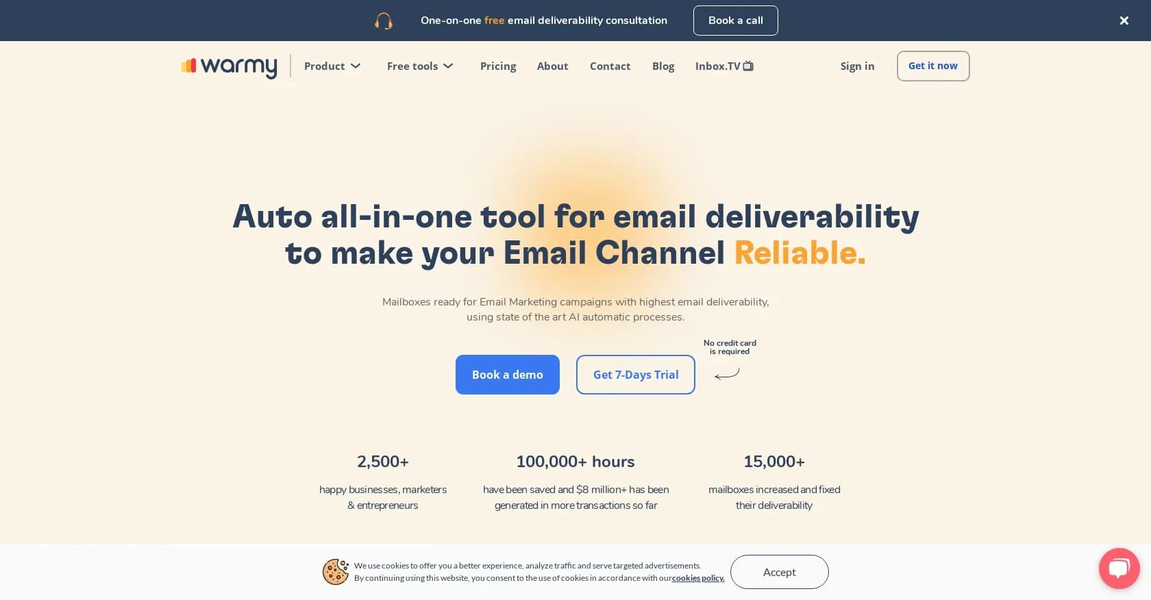 Warmy homepage screenshot — Revolutionize email deliverability with AI automation.