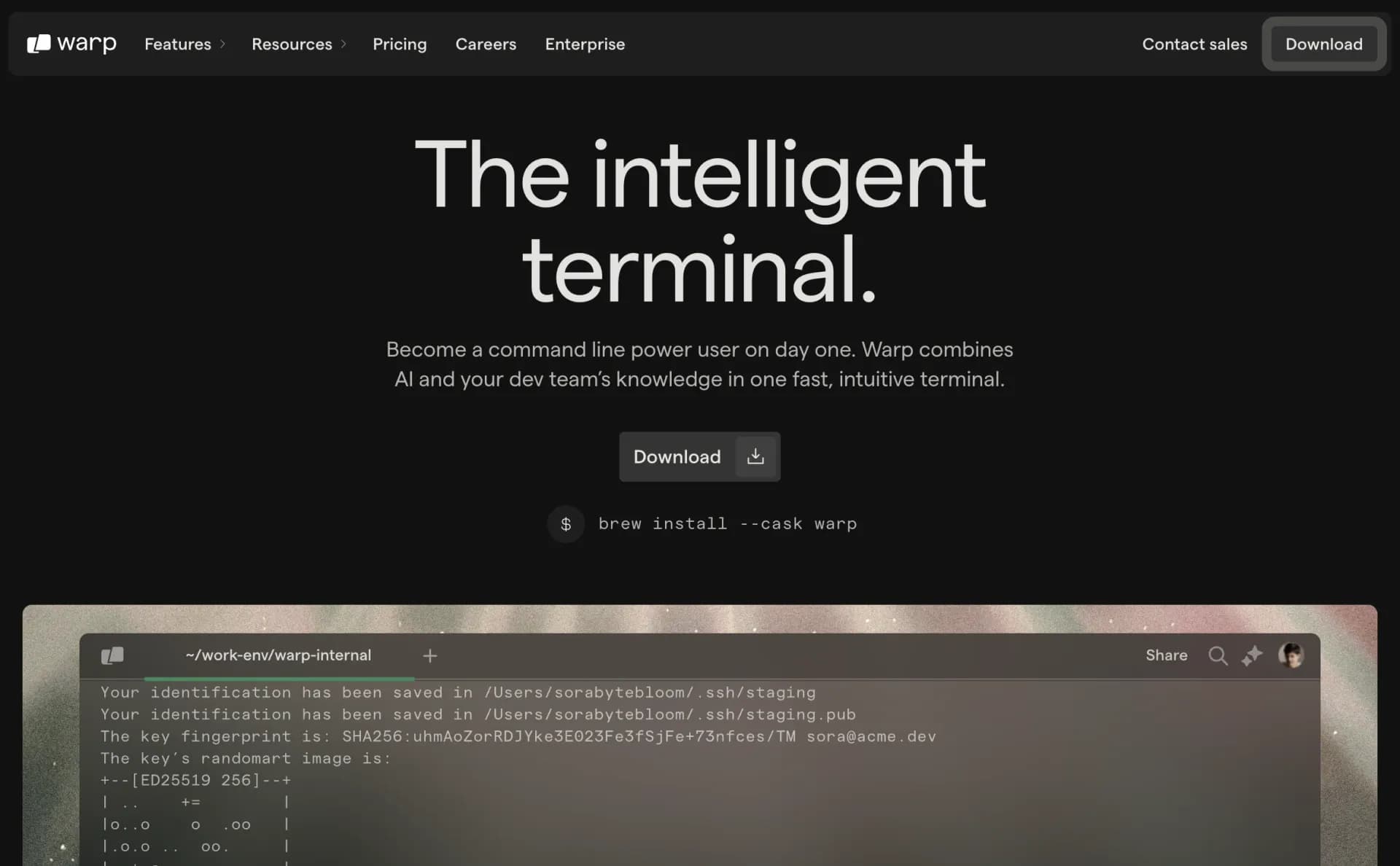 Warp AIv2.0 homepage screenshot — AI-powered terminal for faster software development