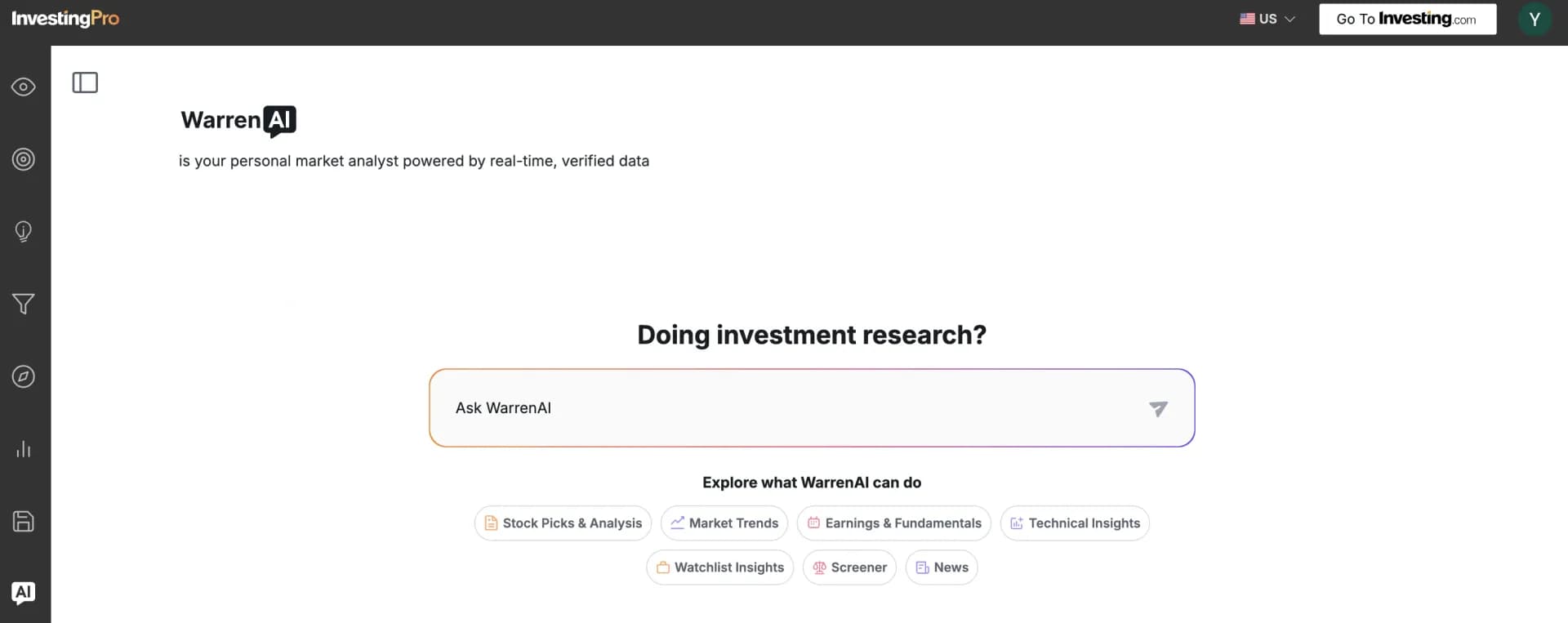 Investing.com - WarrenAI homepage screenshot — AI-powered financial analyst from Investing.com delivering m