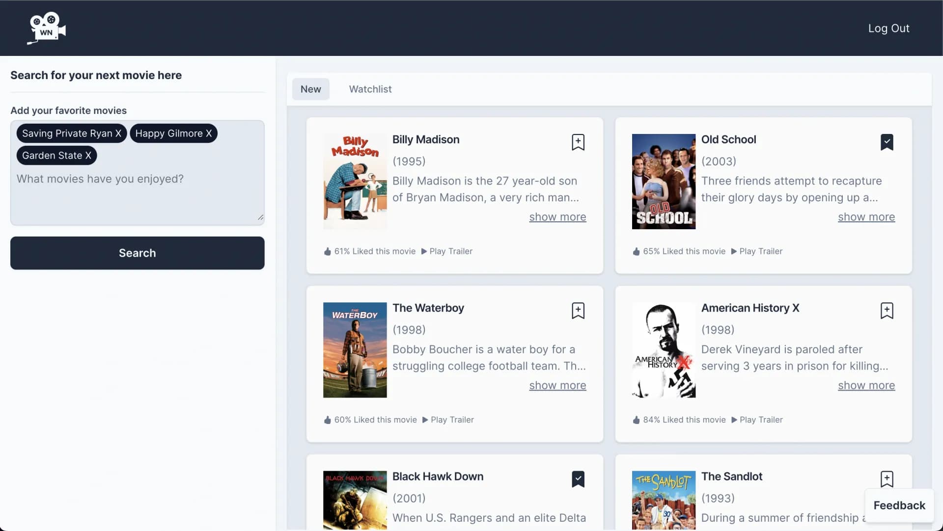 WatchNow AI homepage screenshot — Find the perfect movie in seconds