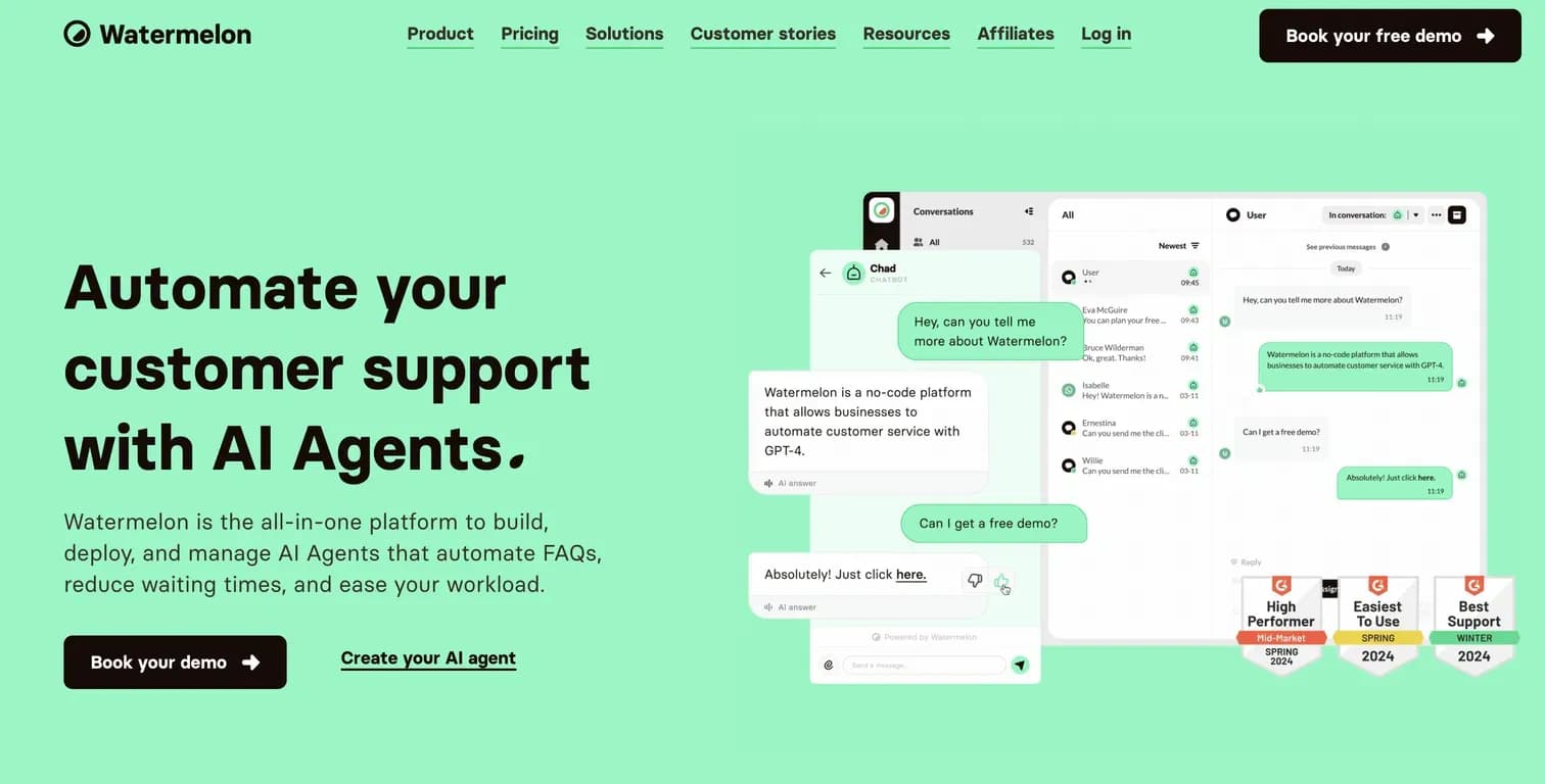 Watermelon homepage screenshot — Build your AI Agent with your own data for customer service