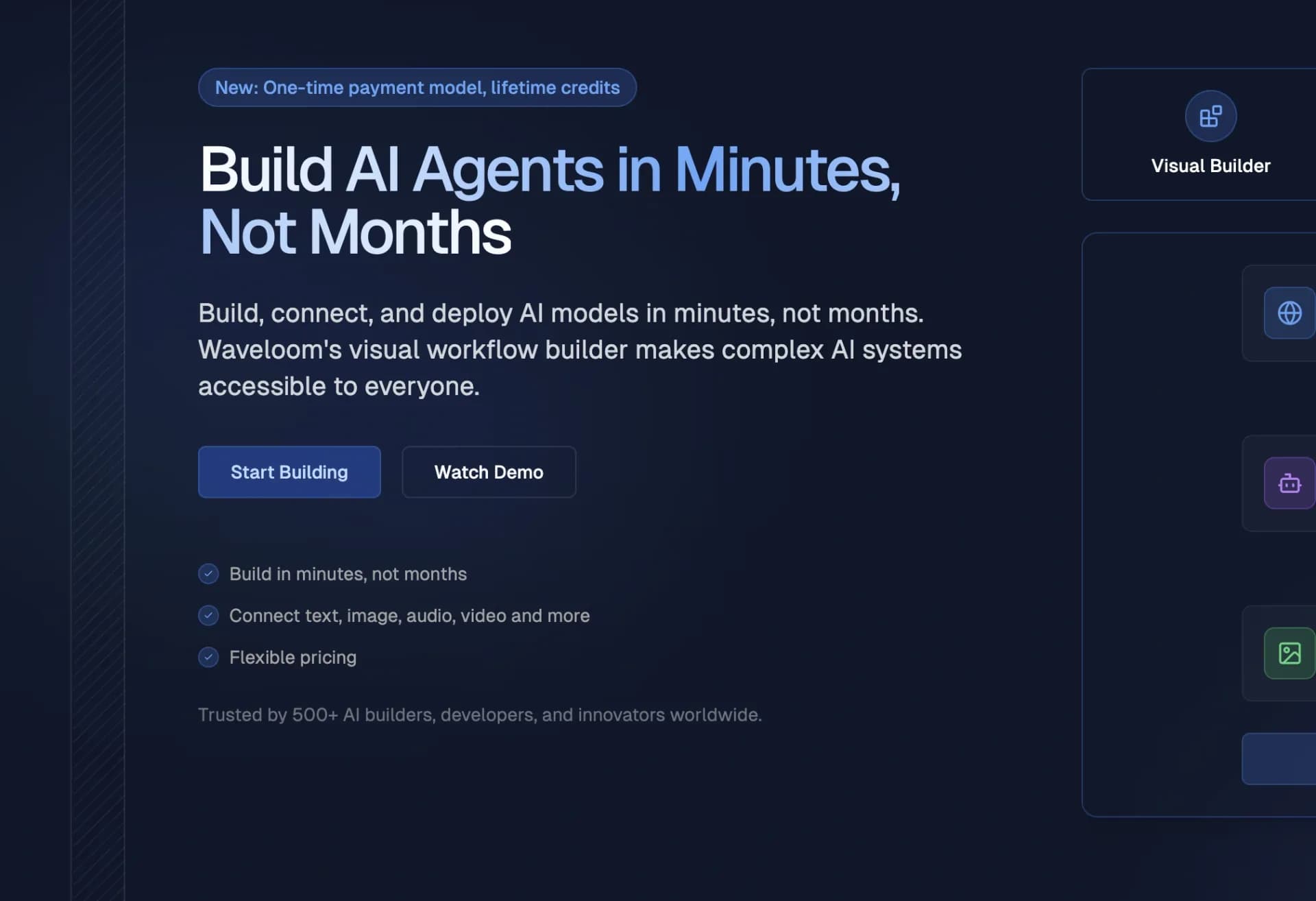 Waveloomv1.0 homepage screenshot — Build and deploy AI workflows visually