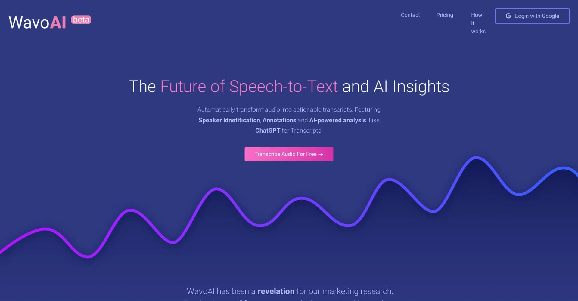 WavoAI homepage screenshot — Transforming your audio into actionable insights.