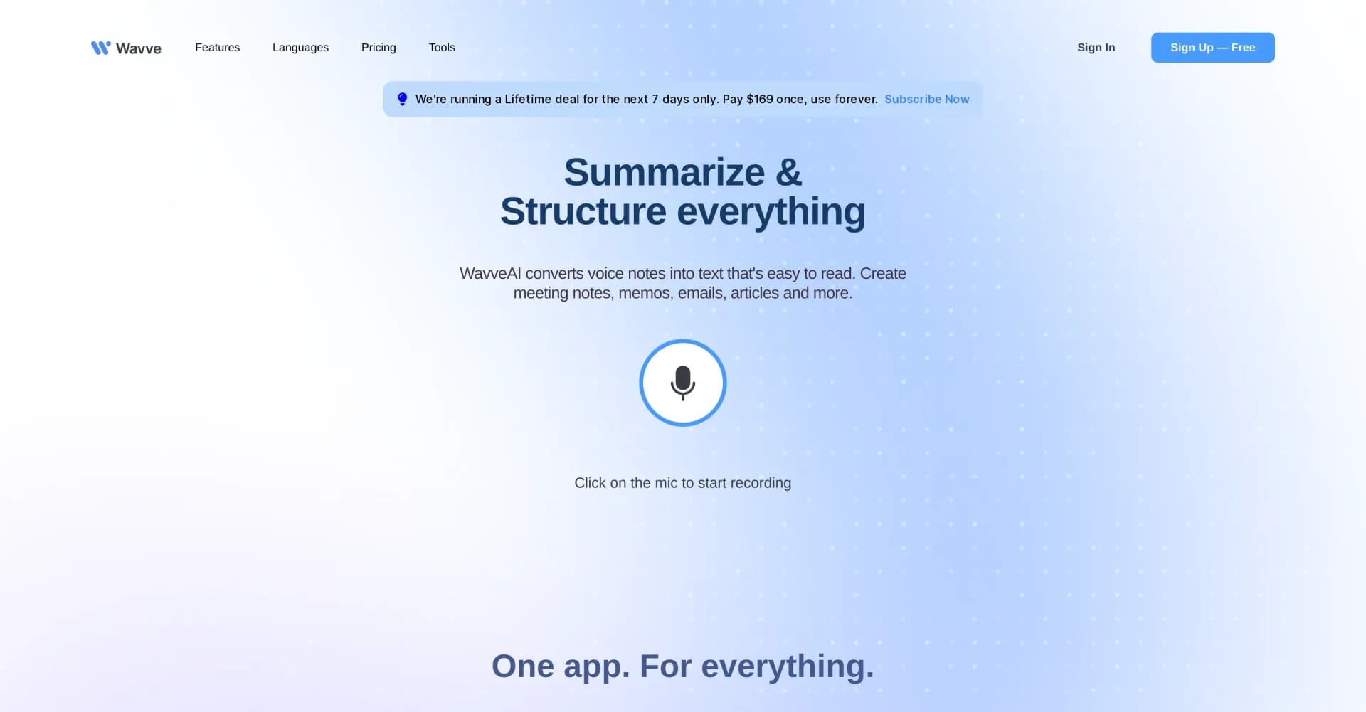 Wavve AI homepage screenshot — Wavve AI: Turn voice notes into easy-to-read text.